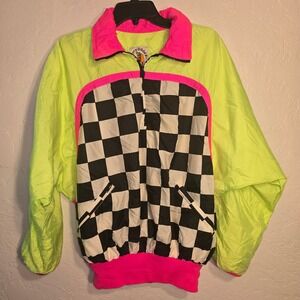 Hotdogger USA Windbreaker Small Neon Green Pink Checkered Retro 90s Jacket